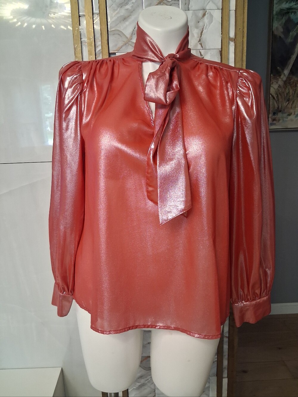 Womens Shimmery Coral Tie-Neck Blouse